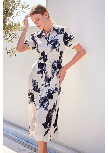 2213 Kısa Kol Viskon Elbise - Ekru fırsatları