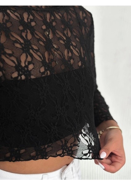 Siyah Bisiklet Yaka Dantel Işlemeli Uzun Kol Örme Kadın Bluz fiyatları