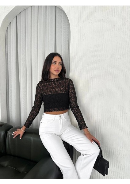Siyah Bisiklet Yaka Dantel Işlemeli Uzun Kol Örme Kadın Bluz modelleri