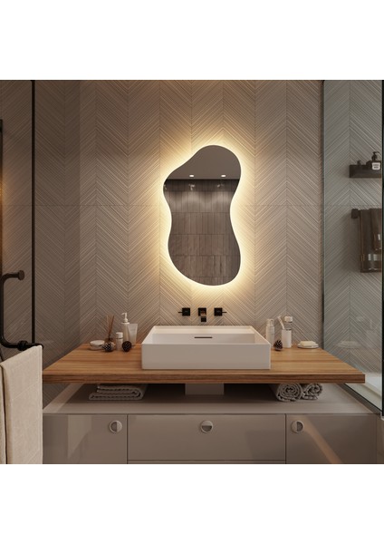 Serbest Form LED Banyo Aynası – Asimetrik Sıcak Işıklı Ayna (AYP193-L)