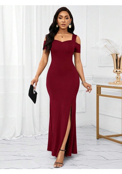 Kadın Omuzlardan Açık Askılı Yırtmaç Detaylı Uzun Ithal Krep Elbise