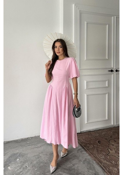 Pembe Arkadan Bağlamalı Büzgülü Keten Elbise