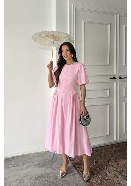 Pembe Arkadan Bağlamalı Büzgülü Keten Elbise fiyatları