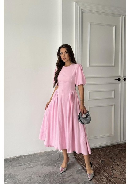 Pembe Arkadan Bağlamalı Büzgülü Keten Elbise modelleri