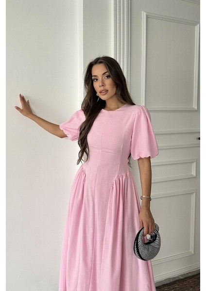 Pembe Arkadan Bağlamalı Büzgülü Keten Elbise fırsatları