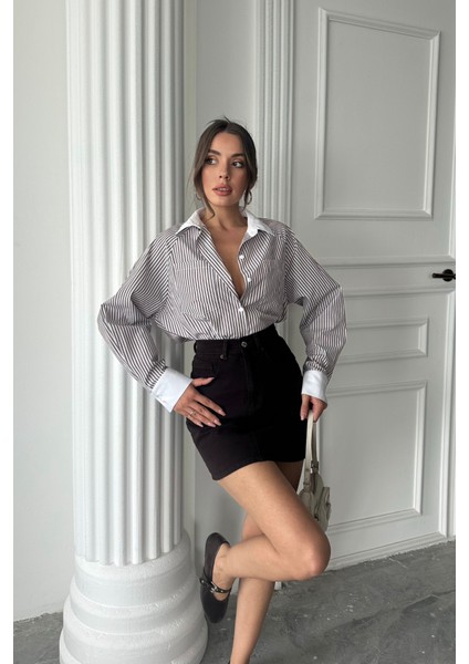 Yaka ve Manşet Beyaz Boyfriend Çizgili Poplin Gömlek - Kahverengi