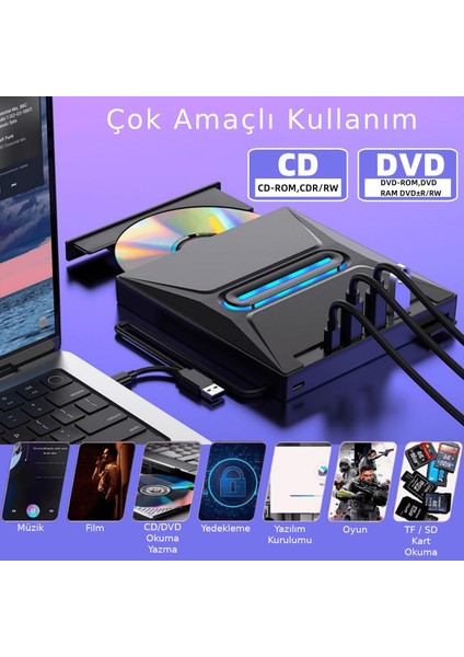 USB 3.0 Harici External CD DVD Okuyucu Yazıcı LED USB Hub Tf Sd Kart Okuyucu Çoğaltıcı modelleri