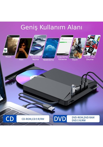 Harici CD DVD Rom Yazıcı Okuyucu USB 3.0 Hub Çoğaltıcı Tf Sd Kart Okuyucu 7in1 fiyatları