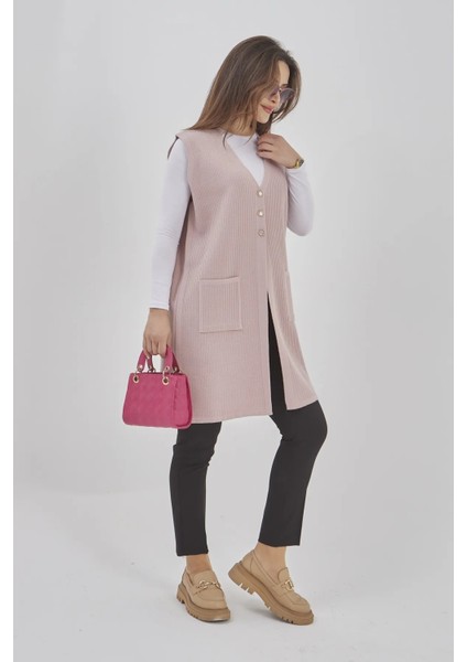 Kadın Uzun Mevsimlik Triko Likralı Esnek Cepli Düğmeli Yelek