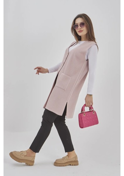 Kadın Uzun Mevsimlik Triko Likralı Esnek Cepli Düğmeli Yelek fiyatları