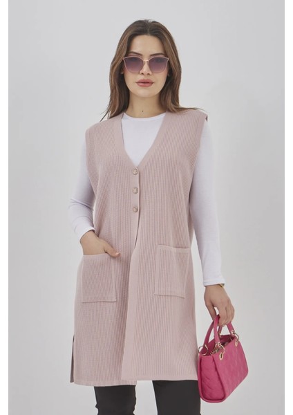 Kadın Uzun Mevsimlik Triko Likralı Esnek Cepli Düğmeli Yelek modelleri