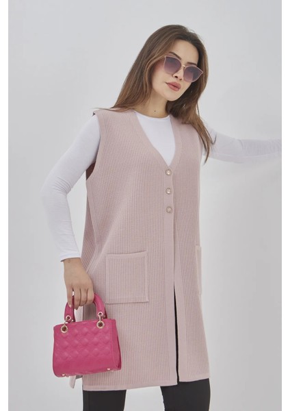 Kadın Uzun Mevsimlik Triko Likralı Esnek Cepli Düğmeli Yelek fırsatları