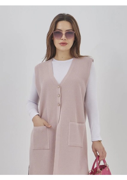 Kadın Uzun Mevsimlik Triko Likralı Esnek Cepli Düğmeli Yelek indirimleri