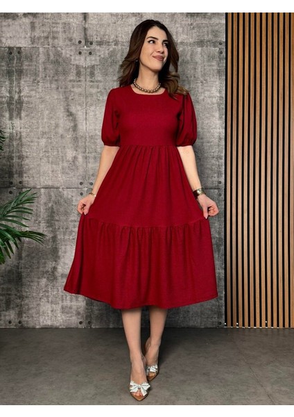 Kadın Kısa Kollu Yakası Açık Katlı Bürümcük Balon Elbise modelleri