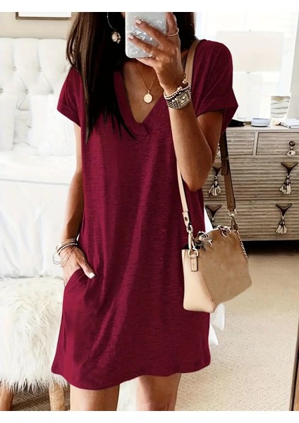 Kadın Kısa Kollu V Yakalı Cepli Kısa Viskon Elbise modelleri