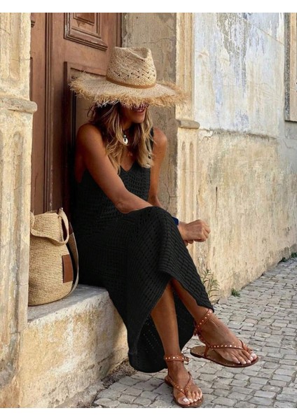 Kadın V Yaka Tam Askılı Tam Boy Ajurlu Triko Elbise modelleri