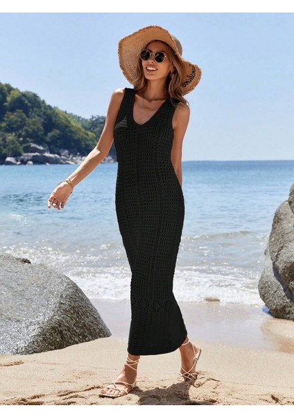 Kadın V Yaka Tam Askılı Tam Boy Ajurlu Triko Elbise indirimleri