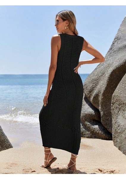 Kadın V Yaka Tam Askılı Tam Boy Ajurlu Triko Elbise