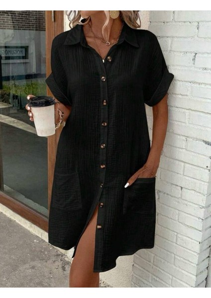 AYDOGANTICARET44 Kadın Kısa Kollu Bisiklet Yaka Yandan Yırtmaçlı Viskon Midi Elbise