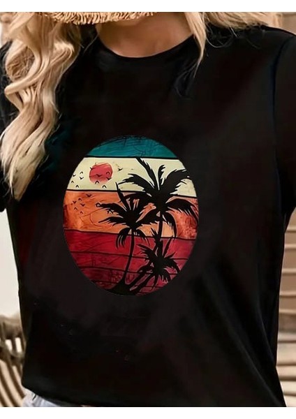 AYDOGANTICARET44 Kadın Kısa Kollu Palmiye Baskılı Viskon T-Shirt fiyatları