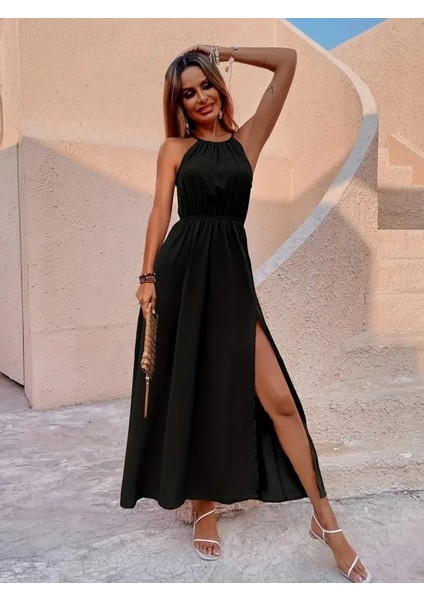 Kadın Boyundan Askılı Belden Lastikli Yandan Yırtmaç Detaylı Viskon Elbise