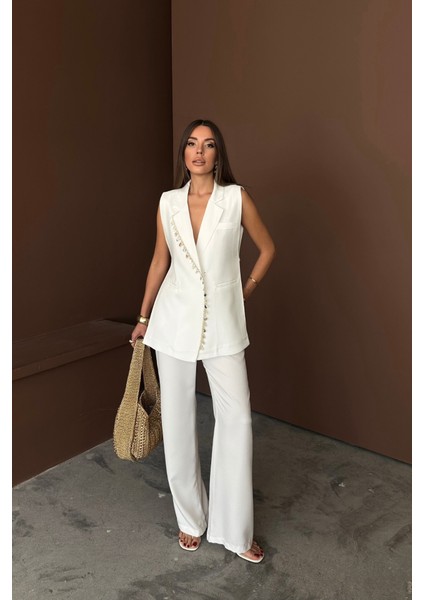 Yaka Midye Kabuğu Sıralı Yelek - Pantolontakım Keten Kumaş - Beyaz