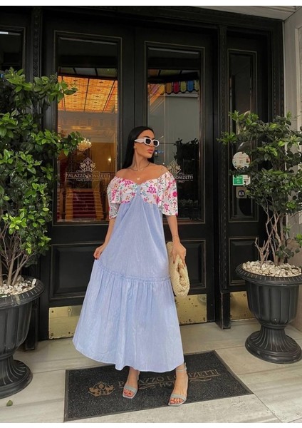 Renkli Nakış Desenli Elbise - Mavi modelleri
