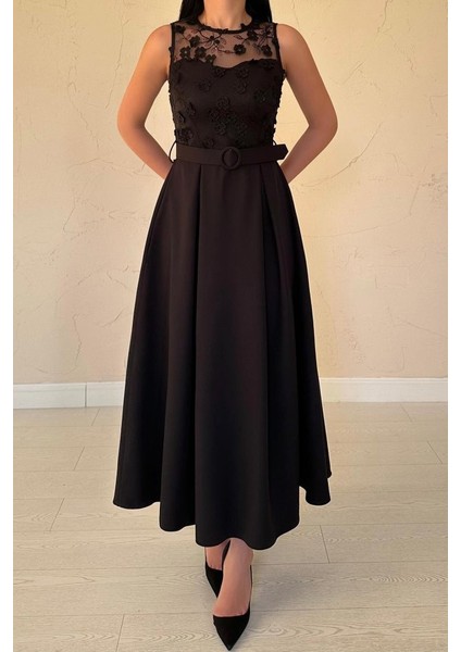 AYDOGANTICARET44 Siyah Önü Dantel Detaylı Kemerli Elbise modelleri