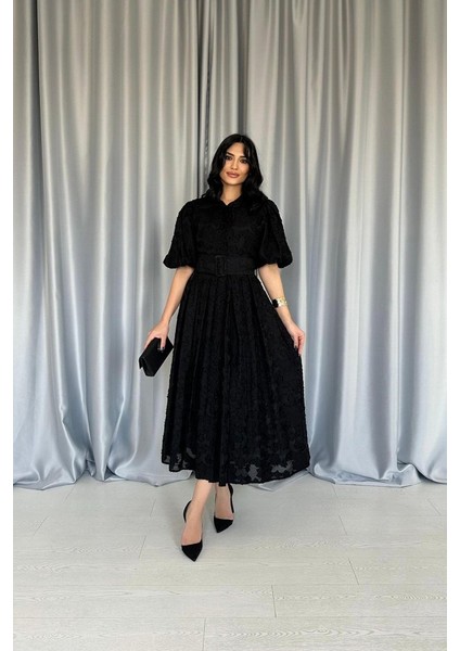 AYDOGANTICARET44 Siyah Kemerli Balon Kollu Elbise fiyatları