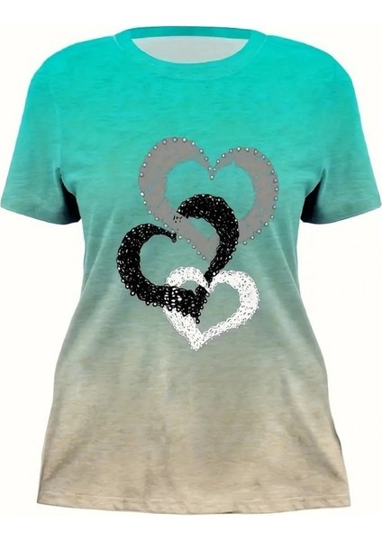 AYDOGANTICARET44 Kadın Kısa Kollu Bisiklet Yaka Kalp Baskılı Süprem Bluz modelleri