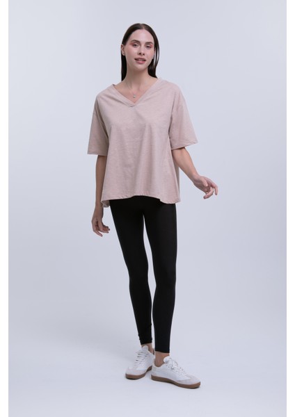 Kadın V Yaka S. Kahve Flamlı Oversize Kısa Kollu Pamuklu Tişört fiyatları