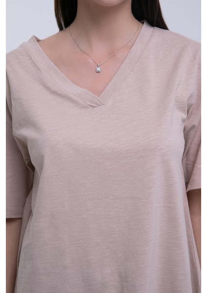 Kadın V Yaka S. Kahve Flamlı Oversize Kısa Kollu Pamuklu Tişört fırsatları