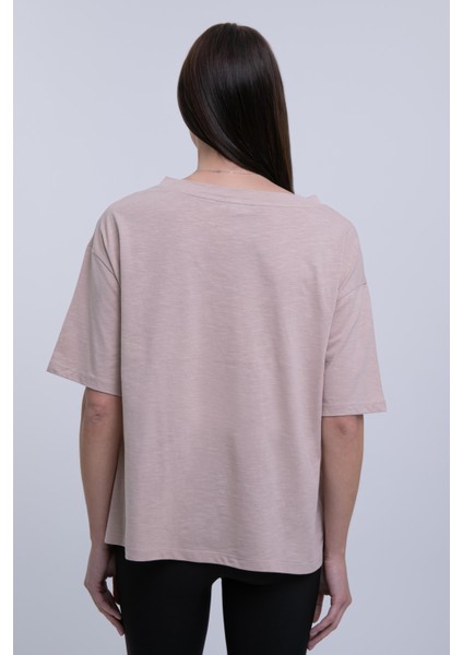 Kadın V Yaka S. Kahve Flamlı Oversize Kısa Kollu Pamuklu Tişört indirimleri