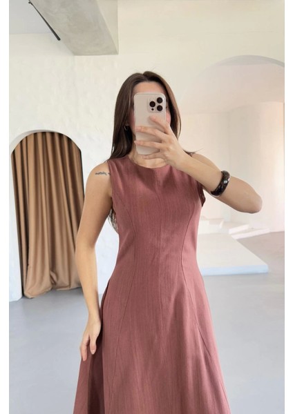 AYDOGANTICARET44 Keten Uzun Kolsuz Elbise- Gül Kurusu