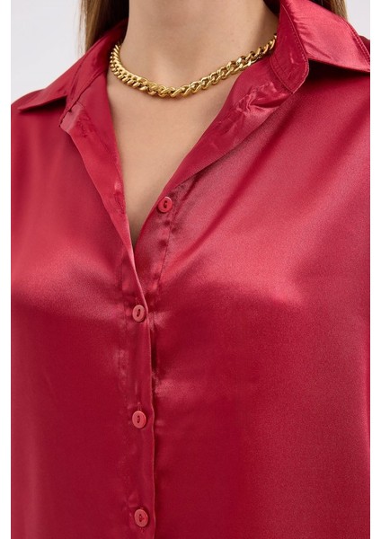 3964 Hafif Dökümlü Saten Gömlek - A.bordo fırsatları