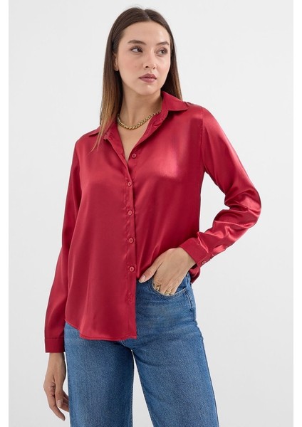 3964 Hafif Dökümlü Saten Gömlek - A.bordo indirimleri