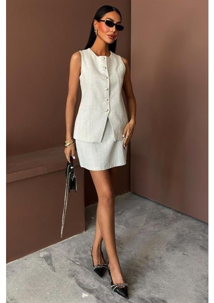 AYDOGANTICARET44 Uzun Yelek Mini Etek Flamlı Keten Takım 10148