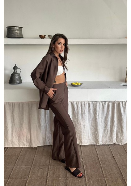 AYDOGANTICARET44 Gömlek-Pantolon Takım Cupra Kumaş - Kahverengi fırsatları