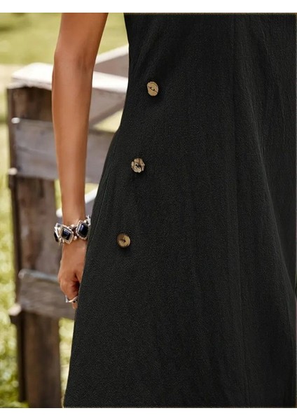 AYDOGANTICARET44 Kadın Askılı Yuvarlak Yaka Düğmeli Asimetrik Kesim Detaylı Ithal Keten Elbise fırsatları