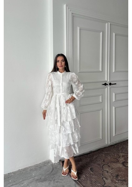 Beyaz Valonlu Şeritli Kat Kat Elbise fiyatları