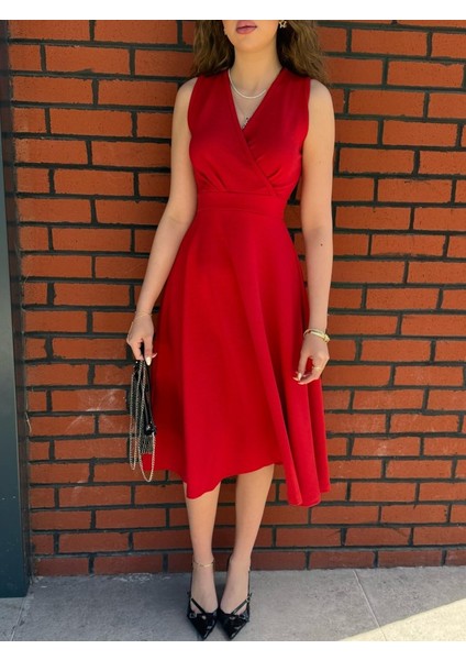 Kadın Ithal Krep Kumaş Kruvaze Yaka Eteği Kloş Kolsuz Mini Elbise modelleri