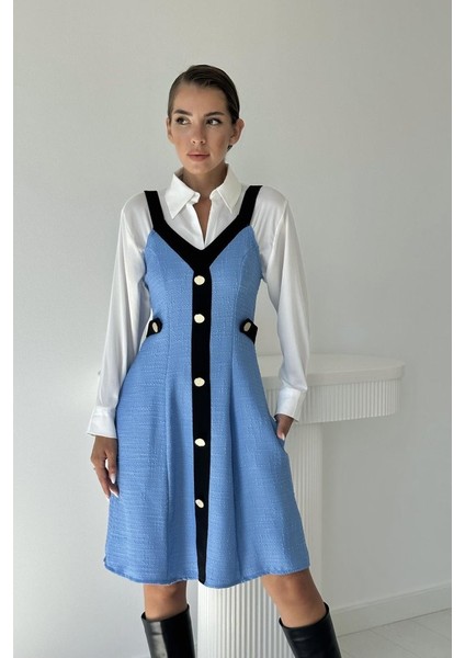 Mavi Siyah Süs Cepli Askılı Elbise fiyatları