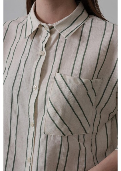 Çizgili Kısa Gömlek - Bej-Yeşil