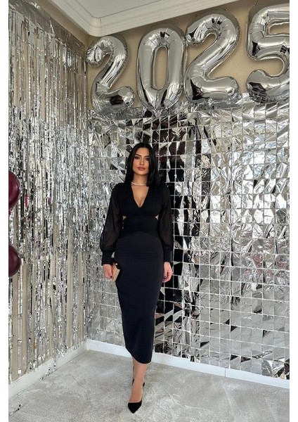 Siyah Kolları Şifon Arka Bel Detaylı Elbise