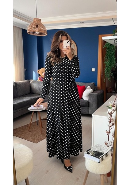 Kadın Krep Kumaş Uzun Kollu Tam Boy Puantiyeli Elbise 132 cm