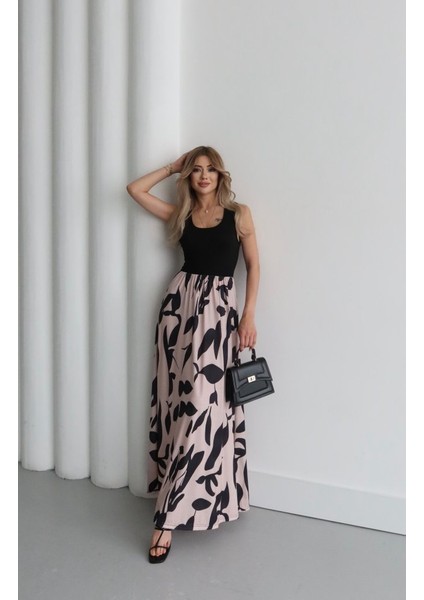 AYDOGANTICARET44 Kadın Askılı Yuvarlak Yaka Üst Viskon Alt Desenli Uzun Süprem Elbise