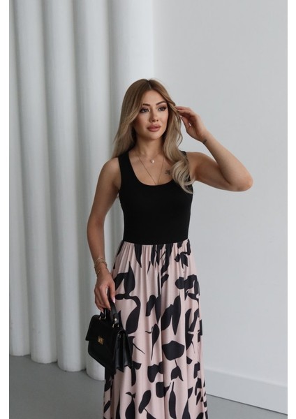 AYDOGANTICARET44 Kadın Askılı Yuvarlak Yaka Üst Viskon Alt Desenli Uzun Süprem Elbise