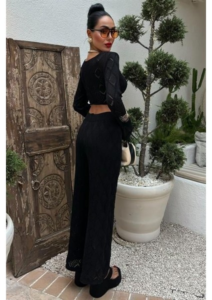 Göğüs Bağcık Detaylı Ajurlu Bluz Pantolon Takım 10098