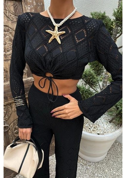 Göğüs Bağcık Detaylı Ajurlu Bluz Pantolon Takım 10098