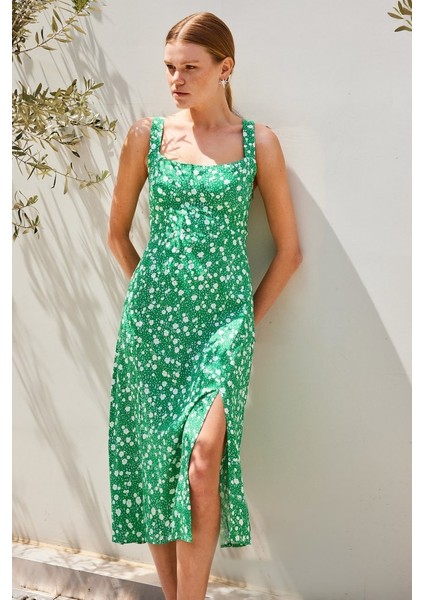 2282 Yırtmaçlı Askılı Viskon Elbise - Yeşil modelleri